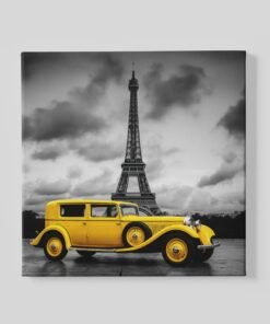 Gele Auto Eiffeltoren Vierkant Schilderij