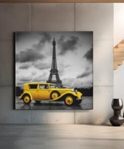 OEFE 1324 vierkant canvas schilderij gele auto eiffeltoren e