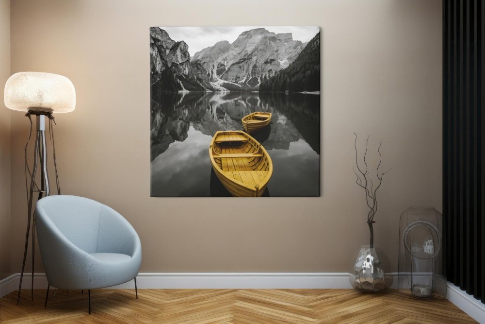 Gele Roeiboten Bergmeer Vierkant Schilderij - Afbeelding 5