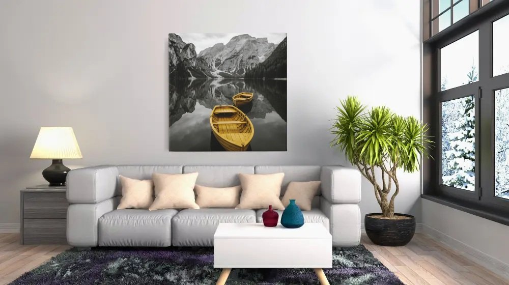 Gele Roeiboten Bergmeer Vierkant Schilderij - Afbeelding 6