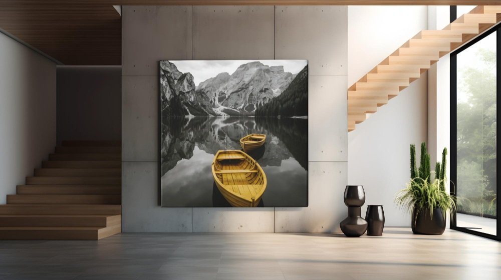 Gele Roeiboten Bergmeer Vierkant Schilderij - Afbeelding 7