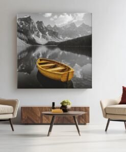 OEFE 1327 canvas schilderij gele boot op bergmeer f
