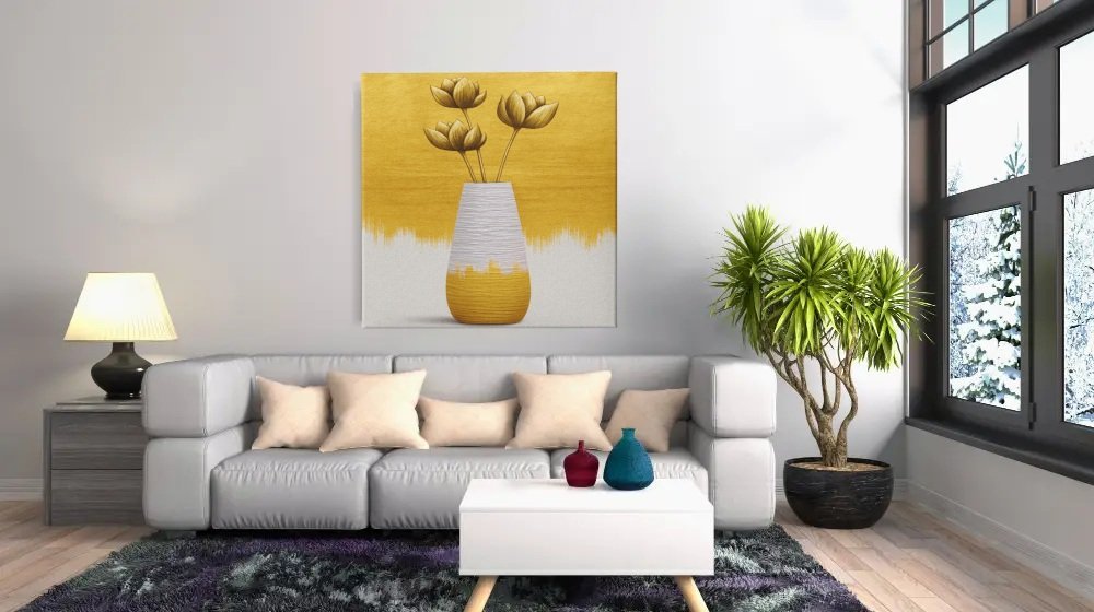 Gele bloemen in Vaas Vierkant Schilderij - Afbeelding 4