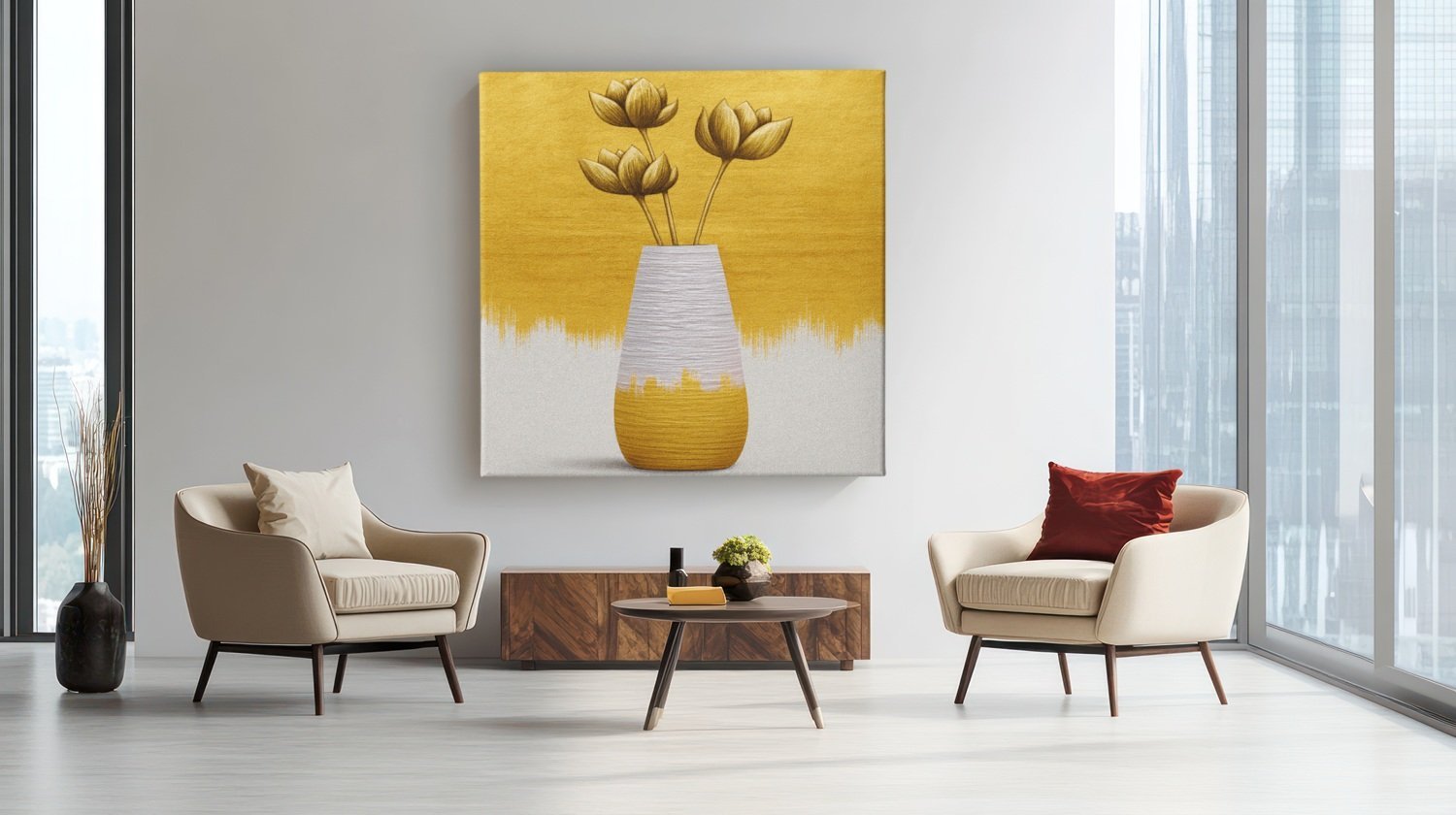 Gele bloemen in Vaas Vierkant Schilderij - Afbeelding 5