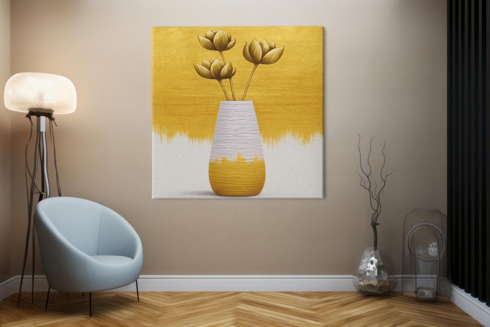 Gele bloemen in Vaas Vierkant Schilderij - Afbeelding 6