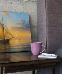 OEFE 1333 vierkant canvas schilderij zeilschip bij zonsondergang b