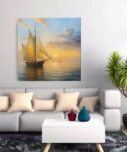 OEFE 1333 vierkant canvas schilderij zeilschip bij zonsondergang c