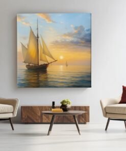 OEFE 1333 vierkant canvas schilderij zeilschip bij zonsondergang f
