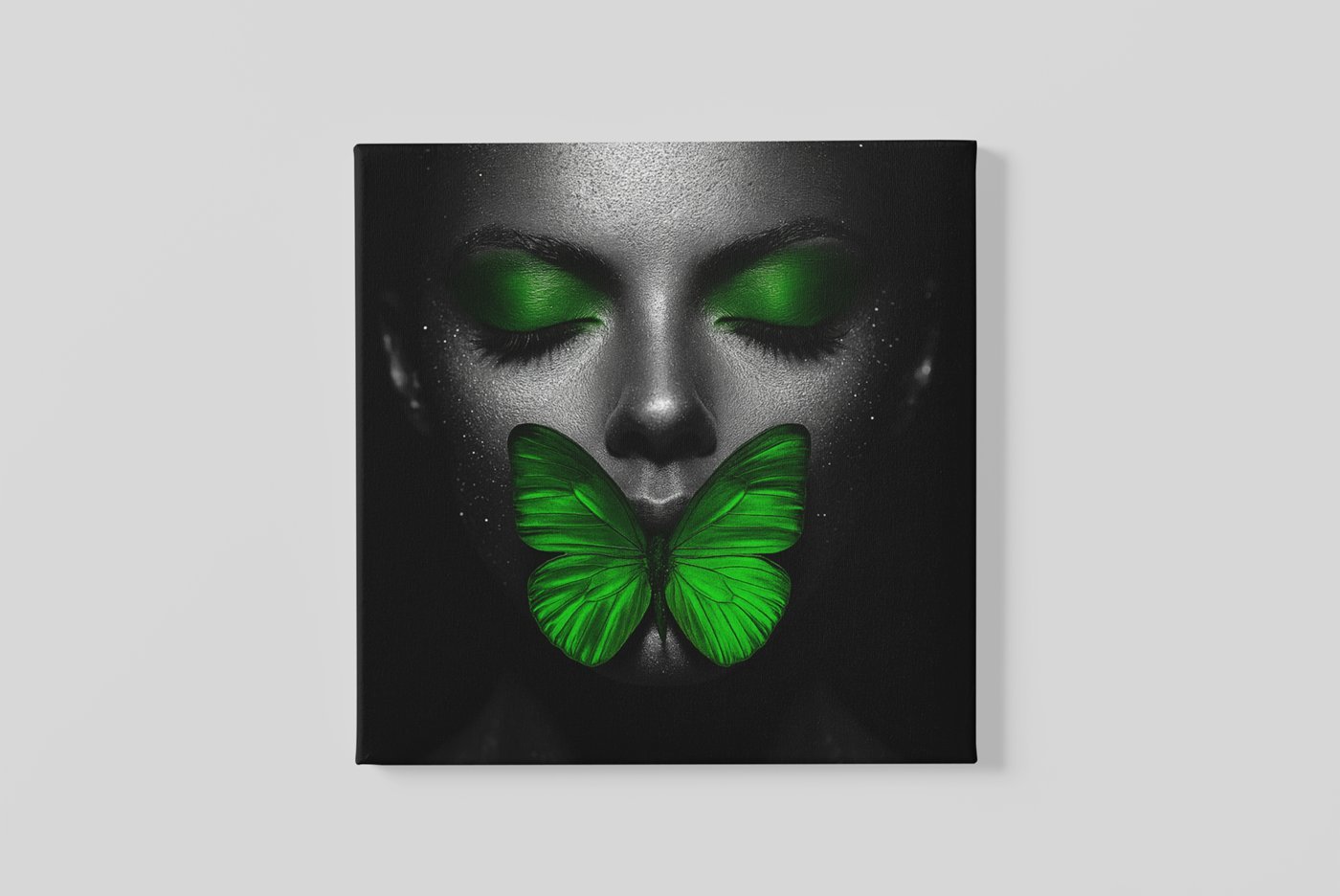 Vrouw Groene Vlinder Vierkant Schilderij