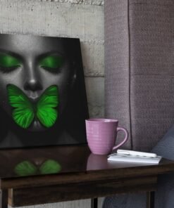 Vrouw Groene Vlinder Vierkant Schilderij - Afbeelding 3