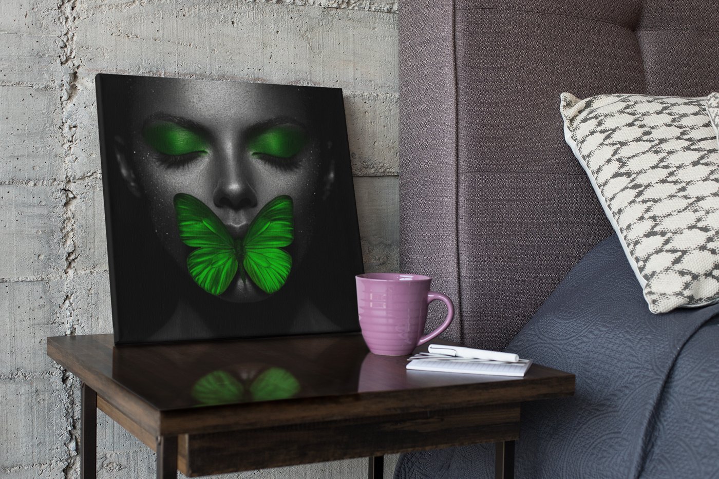 Vrouw Groene Vlinder Vierkant Schilderij - Afbeelding 3