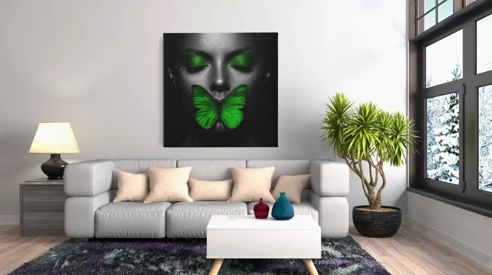 Vrouw Groene Vlinder Vierkant Schilderij - Afbeelding 4