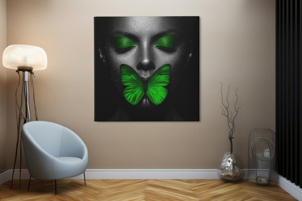 vierkant-schilderij-vrouw-groene-vlinder-kunst-d
