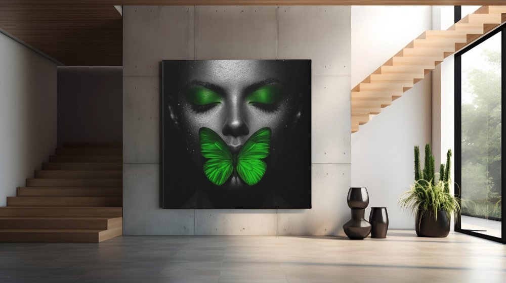 Vrouw Groene Vlinder Vierkant Schilderij - Afbeelding 7