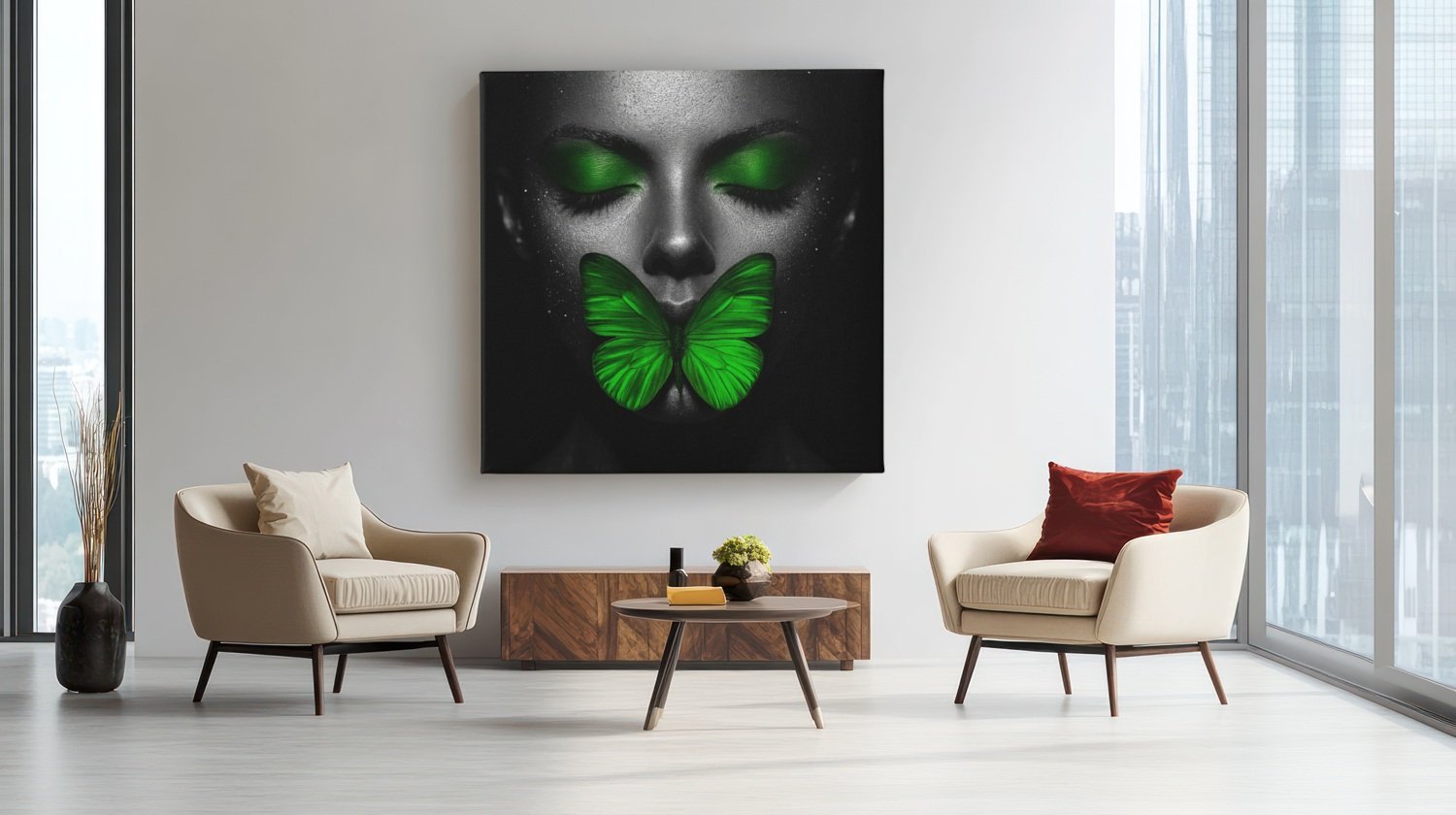 Vrouw Groene Vlinder Vierkant Schilderij - Afbeelding 6