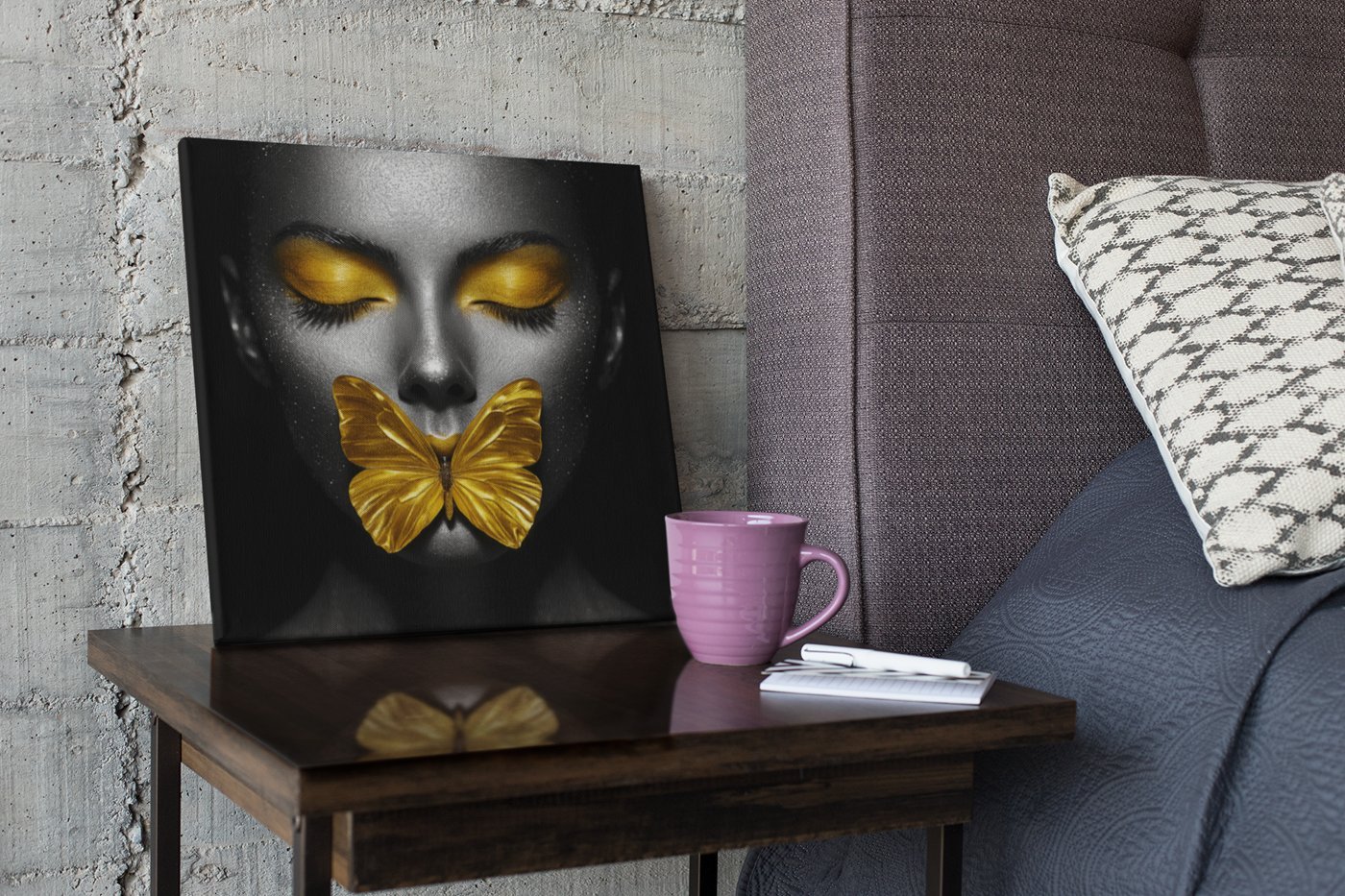 Vrouw Gele Vlinder Vierkant Schilderij - Afbeelding 3