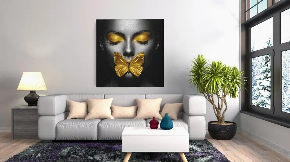 vierkant-schilderij-canvas-vrouw-gele-vlinder-c