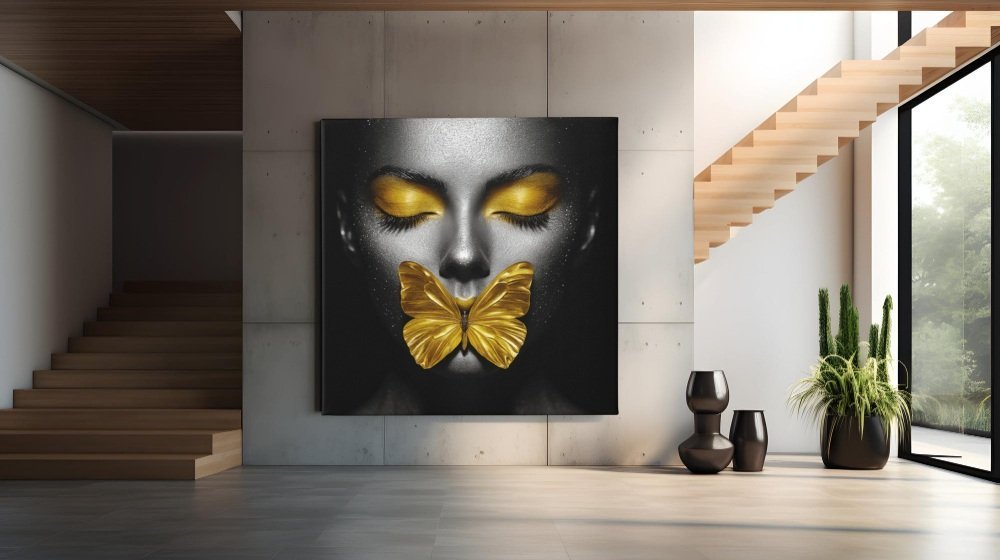 Vrouw Gele Vlinder Vierkant Schilderij - Afbeelding 7