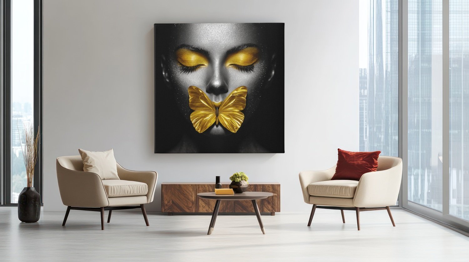 Vrouw Gele Vlinder Vierkant Schilderij - Afbeelding 4