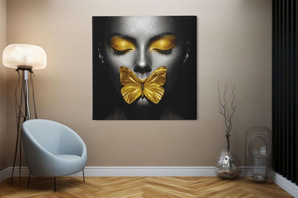 Vrouw Gele Vlinder Vierkant Schilderij - Afbeelding 6