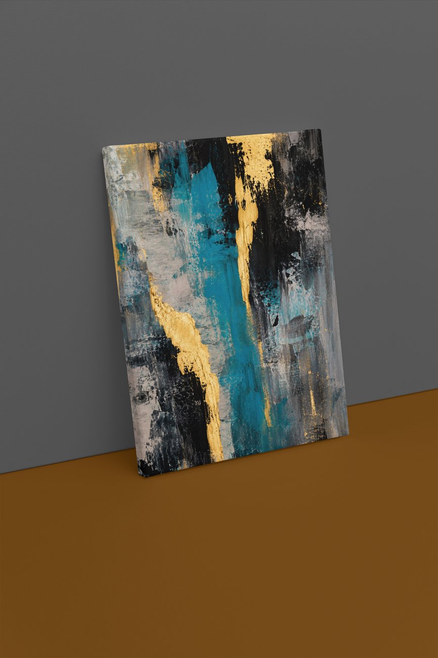Abstract Blauw Goud Canvas Schilderij 75x100 cm - Afbeelding 2