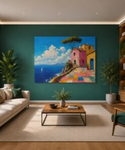 OSEFE 1013 premium canvas schilderij mediterraanse kustlijn kleurrijke straat 100x75 cm a