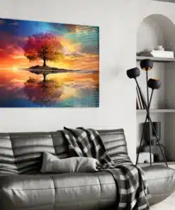 zdy 7056 d glasschilderij kleurrijke boom bij zonsondergang