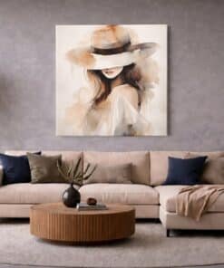 OEFE 1360 minimalistische vrouw met hoed vierkant canvas schilderij c