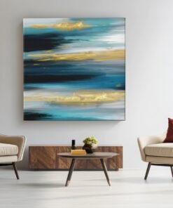 Abstract Blauw Goud Vierkant Schilderij