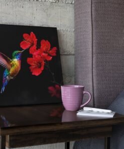 OLIVA 1377 kleurrijke kolibrie rode bloemen vierkant canvas schilderij b