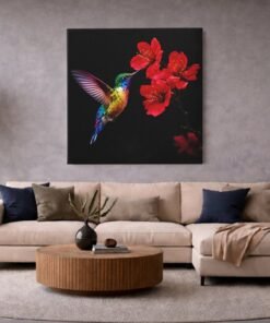 OLIVA 1377 kleurrijke kolibrie rode bloemen vierkant canvas schilderij d
