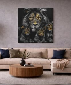 OLIVA 1378 leeuw met welpen familie goud zwart vierkant canvas schilderij b