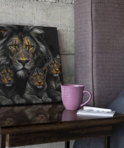 OLIVA 1378 leeuw met welpen familie goud zwart vierkant canvas schilderij e