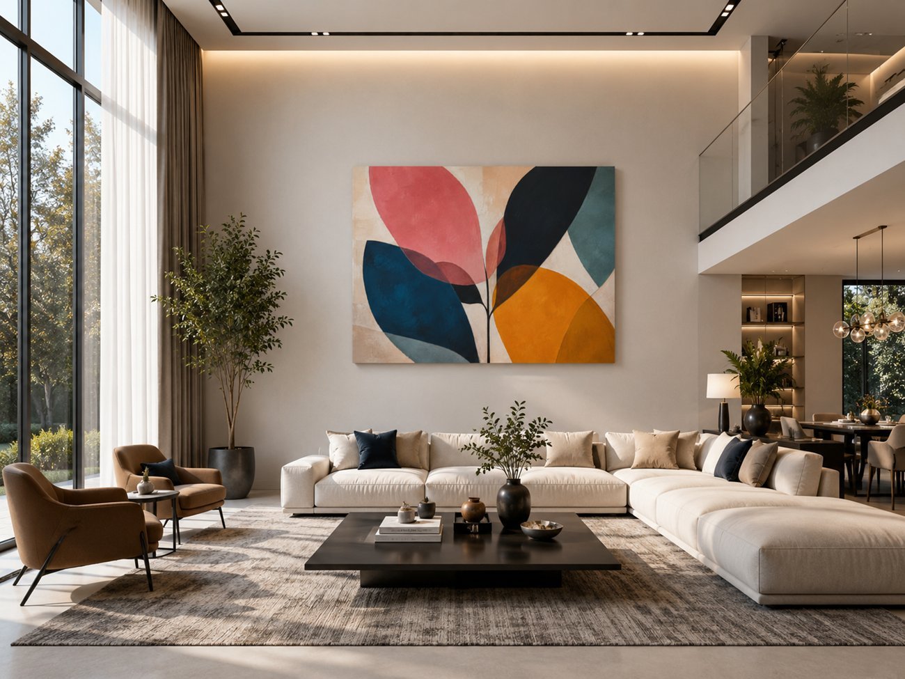 Abstracte Bladeren in Pastelkleuren Print op Canvas 100x75 cm - Afbeelding 4