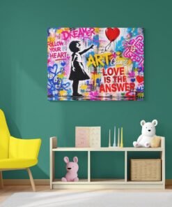 Graffiti Love is The Answer Canvas Schilderij 100x75 cm Breng positiviteit, creativiteit en urban kunst samen in je interieur met dit Graffiti Love is The Answer Canvas Schilderij 100x75 cm. Dit opvallende canvas schilderij combineert de krachtige boodschap Love is The Answer met kleurrijke graffiti-elementen en moderne street art. Dankzij het unieke ontwerp vormt dit Graffiti Love is The Answer Canvas Schilderij 100x75 cm een echte blikvanger in de woonkamer, slaapkamer, kantoorruimte, studio of mancave. De compositie van dit Graffiti Love is The Answer Canvas Schilderij 100x75 cm is zorgvuldig ontworpen met oog voor detail, kleur en artistieke expressie. De combinatie van graffiti kunst, moderne typografie en levendige kleuren creëert een dynamisch effect dat direct de aandacht trekt. Dit hoogwaardige canvas schilderij is ideaal voor liefhebbers van street art, moderne kunst, urban decoratie en inspirerende wanddecoratie. Dit hoogwaardige Graffiti Love is The Answer Canvas Schilderij 100x75 cm wordt professioneel gedrukt op premium canvas met geavanceerde hoge resolutie printtechnologie. Hierdoor blijven kleuren intens, details haarscherp en contrasten perfect zichtbaar. Het canvas doek is strak gespannen op een stevig houten frame van 2 cm dik, wat zorgt voor een luxe afwerking en langdurige kwaliteit. Daarnaast is het schilderij UV-bestendig, kleurvast en bestand tegen verkleuring door zonlicht. Het royale formaat van dit Graffiti Love is The Answer Canvas Schilderij 100x75 cm maakt het perfect als moderne wanddecoratie voor de woonkamer, slaapkamer, kantoorruimte, creatieve studio of ontvangstruimte. Dankzij het veelzijdige design combineert dit canvas schilderij moeiteloos met industriële, moderne, urban, eclectische en kleurrijke interieurstijlen. Of je nu kiest voor één groot canvas schilderij of meerdere wanddecoraties combineert als galerijwand, dit kunstwerk zorgt direct voor energie, inspiratie en karakter. Ontdek ook onze andere canvas schilderijen, street art ontwerpen en moderne wanddecoratie voor nog meer stijlvolle interieurinspiratie. Belangrijkste kenmerken Uniek Graffiti Love is The Answer Canvas Schilderij 100x75 cm met urban uitstraling Inspirerende boodschap gecombineerd met moderne graffiti kunst Hoogwaardige hoge resolutie print op premium canvas Levendige kleuren en scherpe details Stevig houten frame van 2 cm dik UV-bestendig, kleurvast en duurzaam Geschikt voor moderne, industriële, urban en creatieve interieurs Direct klaar om op te hangen Specificaties Formaat: 100x75 cm Materiaal: hoogwaardig canvas doek Frame: stevig houten frame (2 cm dik) Print: hoge resolutie, UV-bestendig en kleurvast Toepassing: geschikt als wanddecoratie canvas schilderij voor woonkamer, slaapkamer, kantoor, studio of mancave Onderhoud: eenvoudig schoon te maken met een droge, zachte doek Let op De kleuren van het Graffiti Love is The Answer Canvas Schilderij 100x75 cm komen overeen met het ontwerp. Door verschillen in scherminstellingen en het drukproces kan een lichte tintafwijking zichtbaar zijn tussen de digitale weergave en de uiteindelijke print.