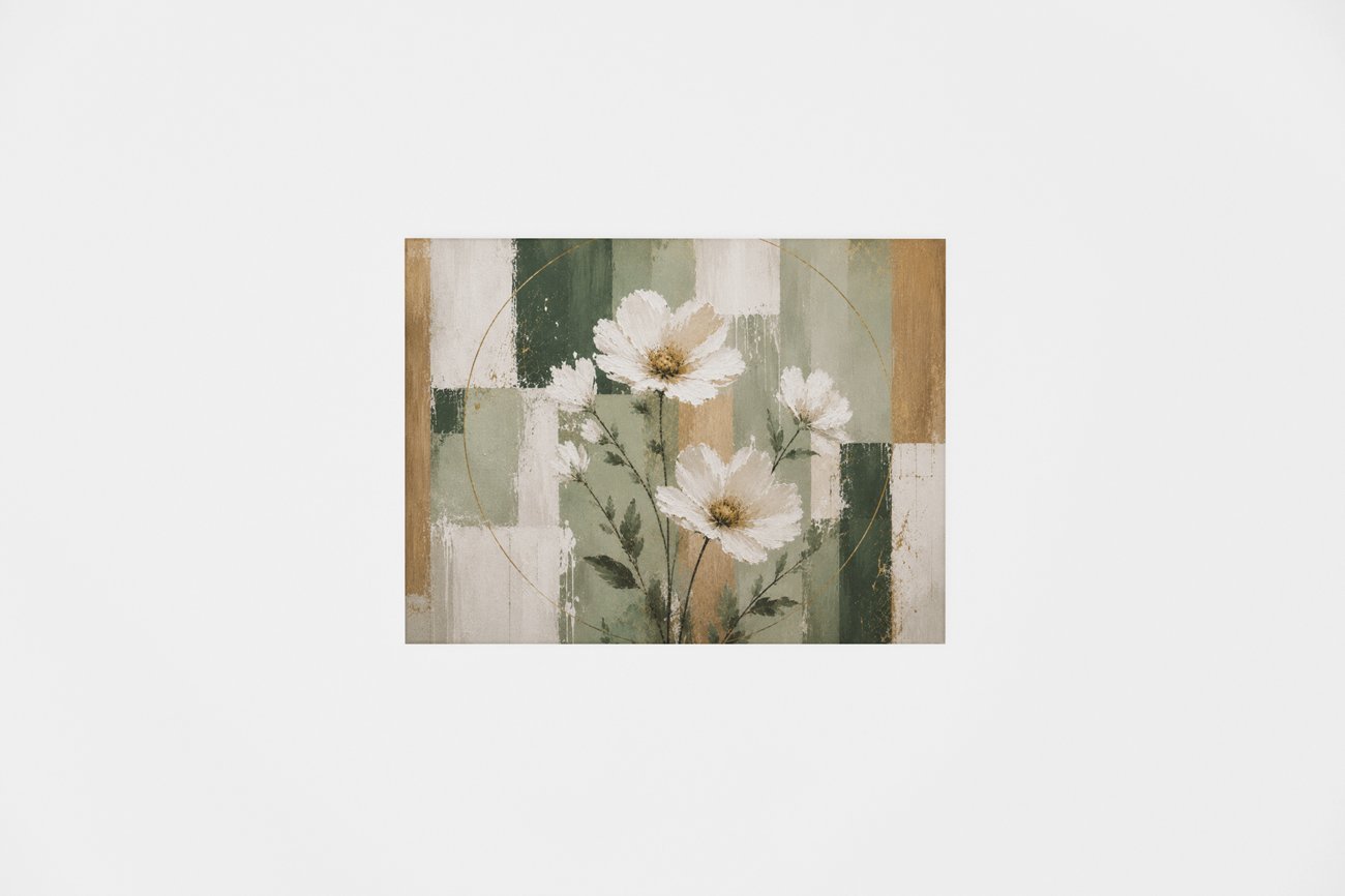 Abstracte Kunst Witte Bloemen Canvas Schilderij 100x75 cm