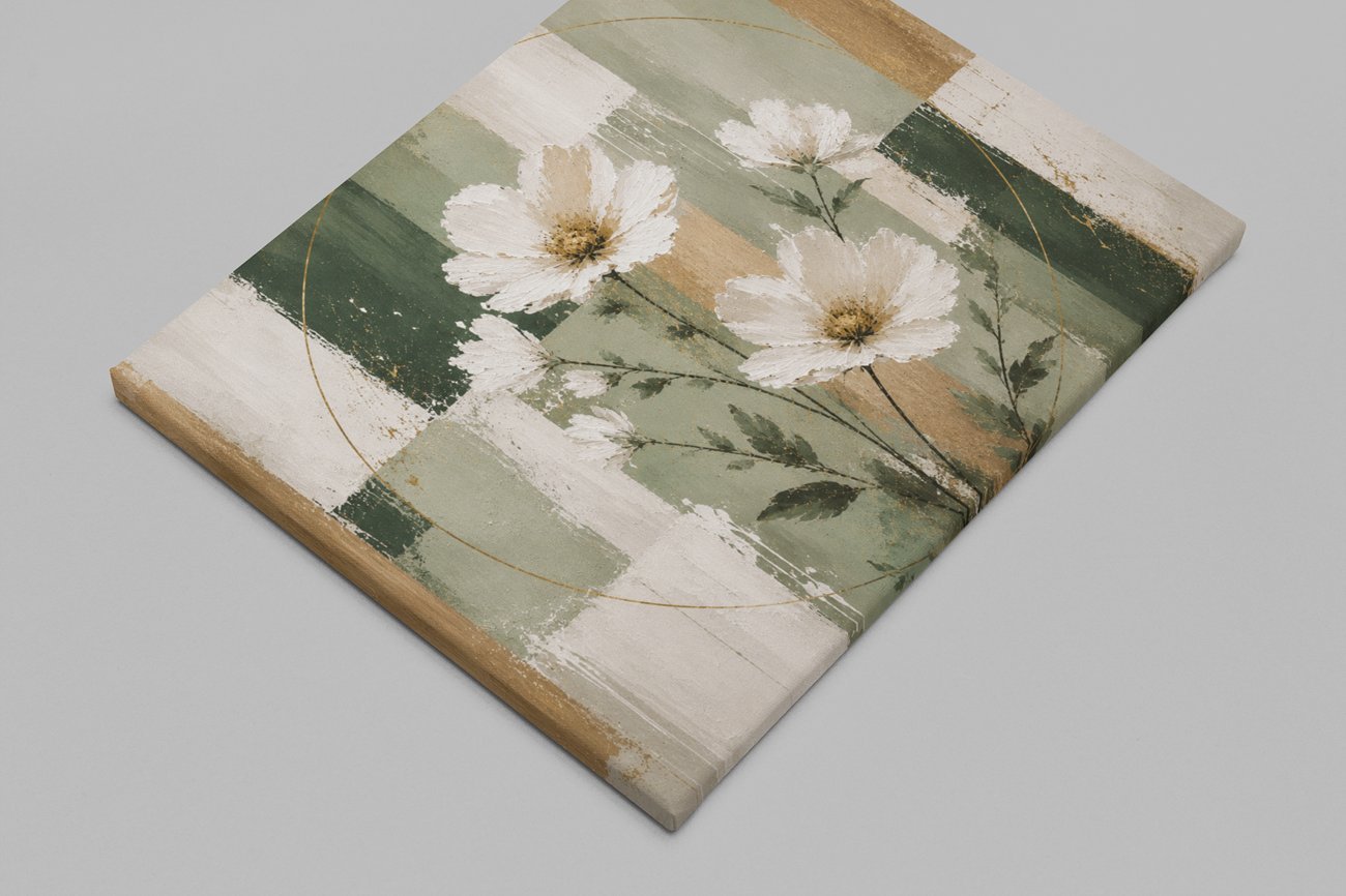 Abstracte Kunst Witte Bloemen Canvas Schilderij 100x75 cm - Afbeelding 2