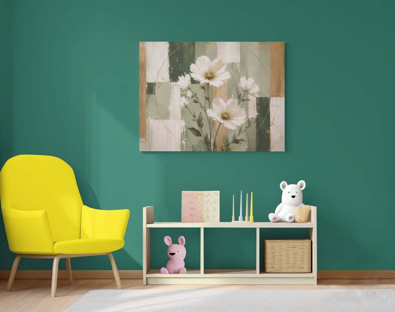 Abstracte Kunst Witte Bloemen Canvas Schilderij 100x75 cm - Afbeelding 3
