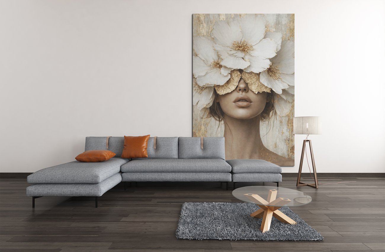 Vrouw met Witte Bloemen Canvas Schilderij - Afbeelding 6