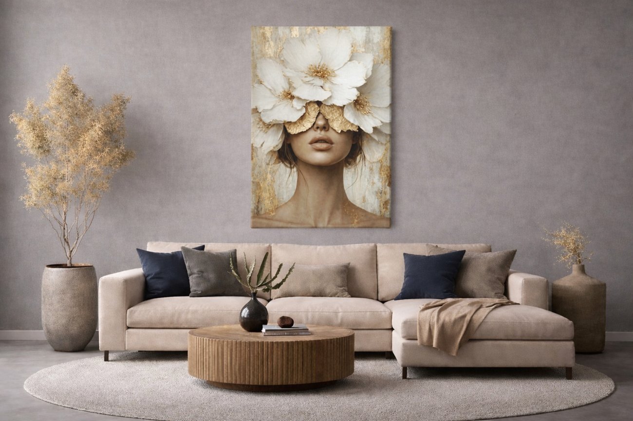 Vrouw met Witte Bloemen Canvas Schilderij - Afbeelding 3