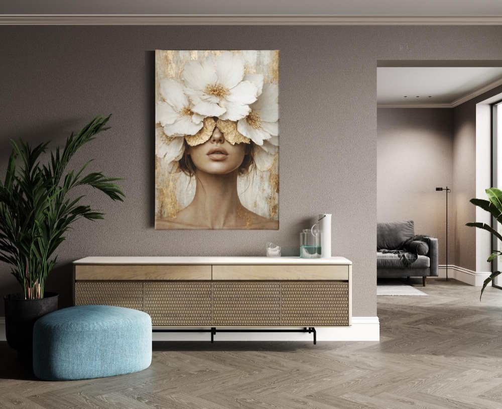 Vrouw met Witte Bloemen Canvas Schilderij - Afbeelding 5