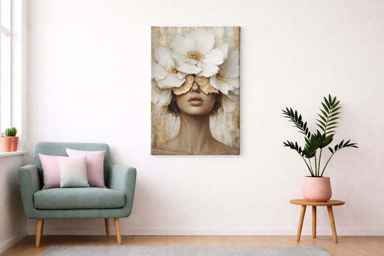 Vrouw met Witte Bloemen Canvas Schilderij