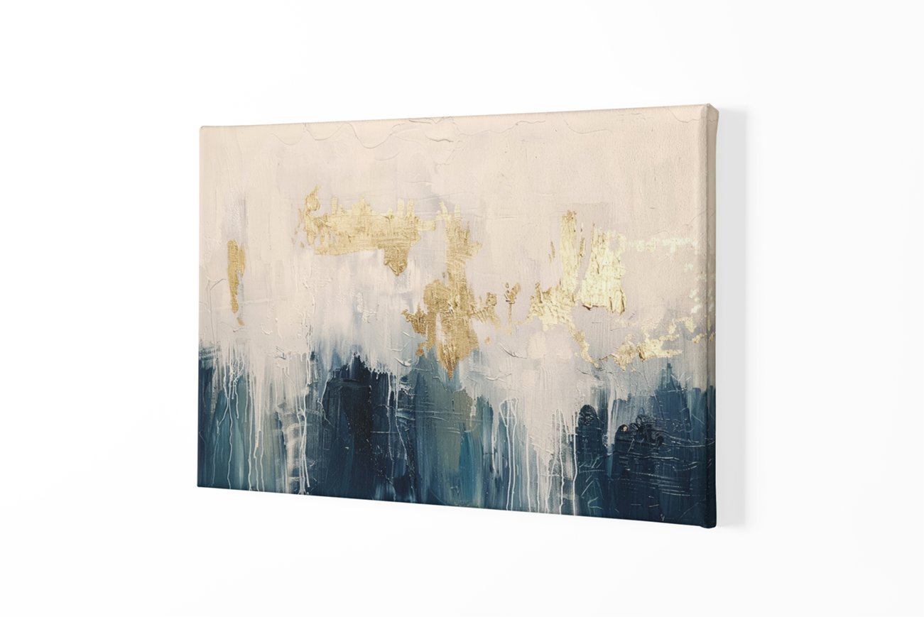 Abstract Goud Blauw Canvas Schilderij - Afbeelding 2