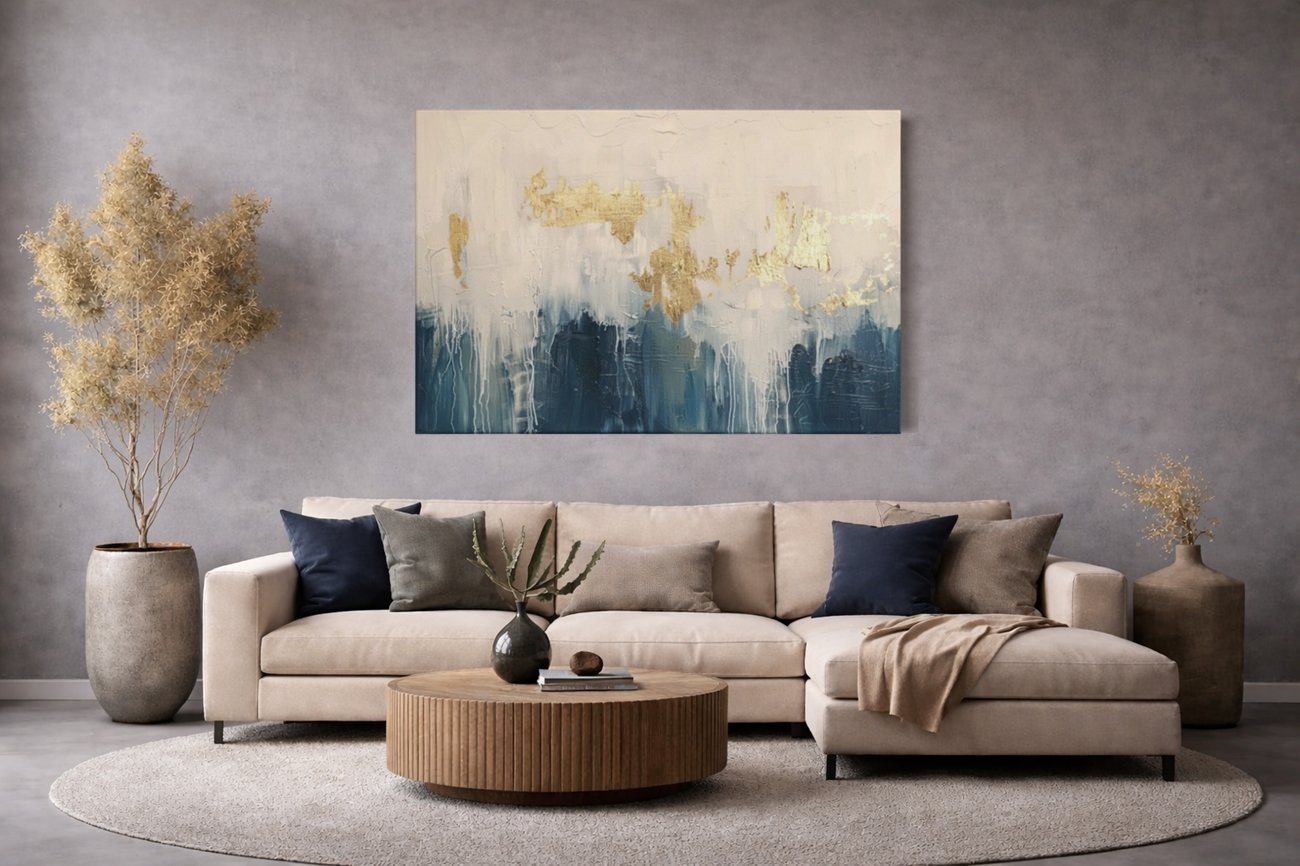 Abstract Goud Blauw Canvas Schilderij - Afbeelding 5