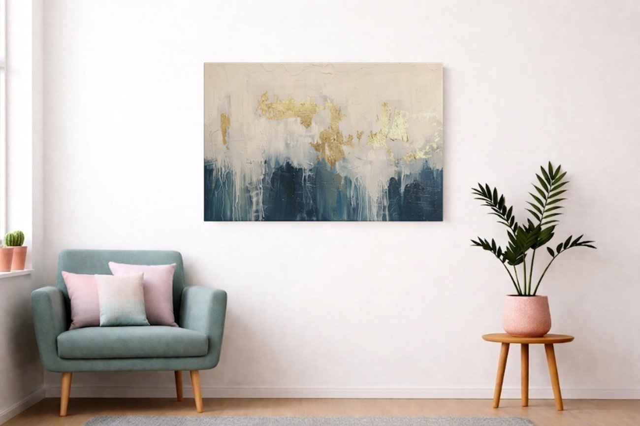 Abstract Goud Blauw Canvas Schilderij