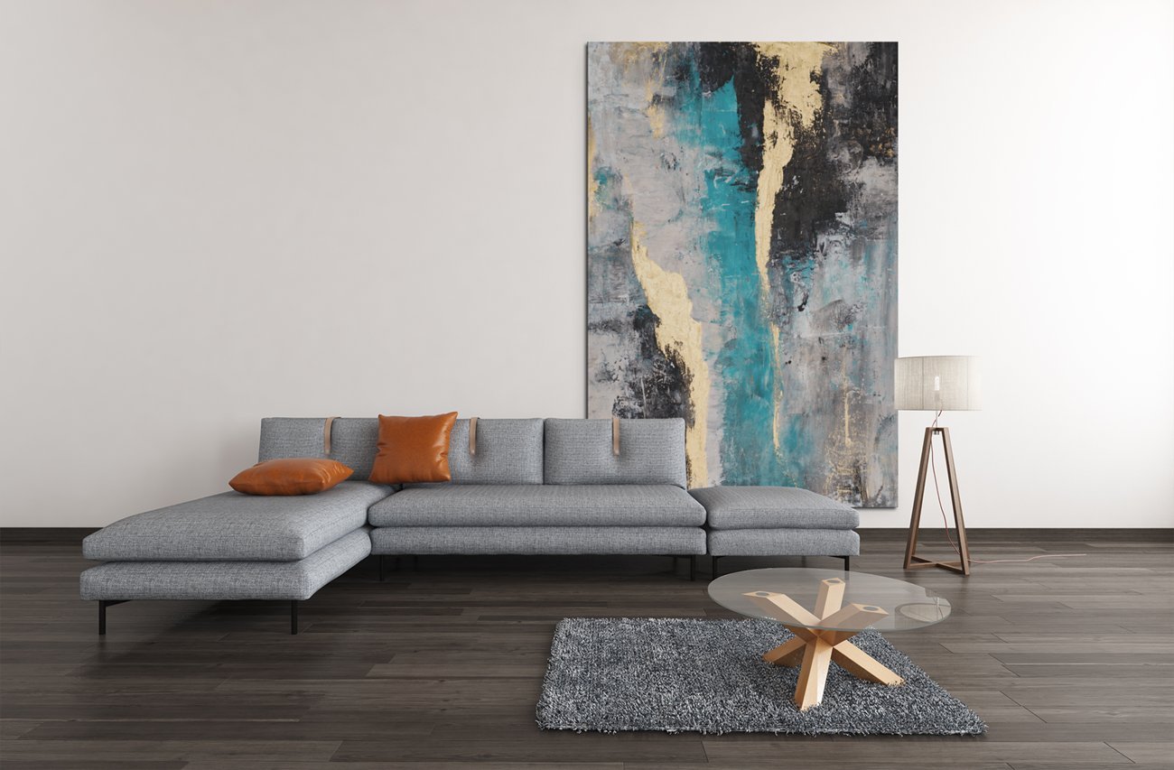 Abstract Turkoois Goud & Zwart Canvas Schilderij - Afbeelding 6