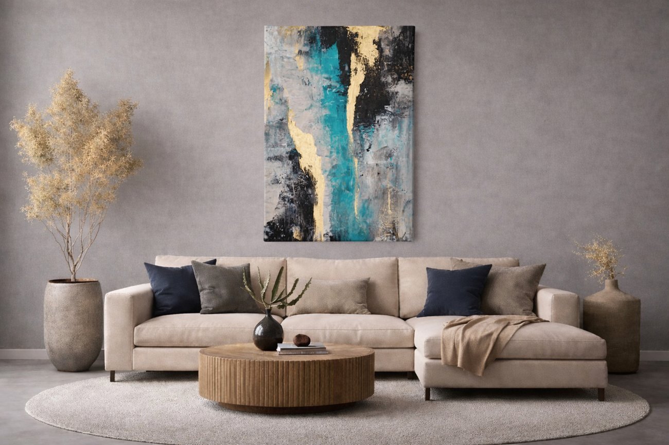 Abstract Turkoois Goud & Zwart Canvas Schilderij - Afbeelding 5