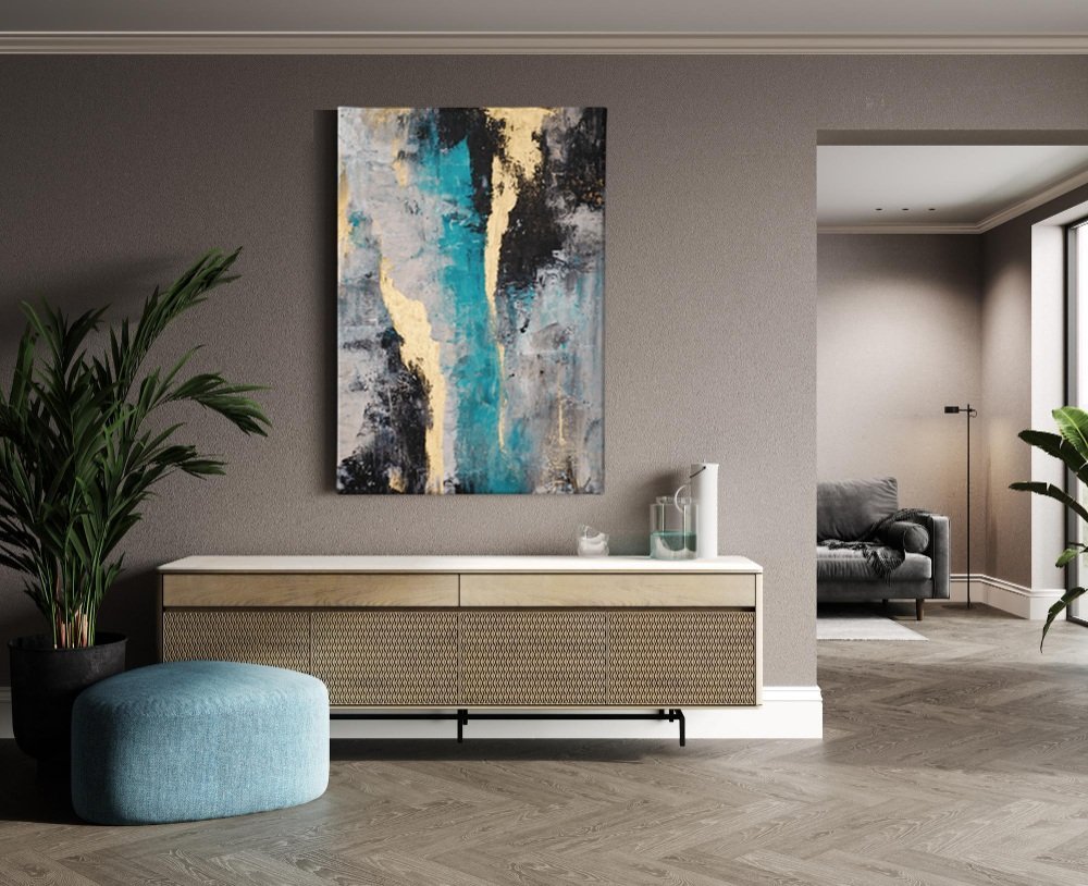 Abstract Turkoois Goud & Zwart Canvas Schilderij - Afbeelding 4