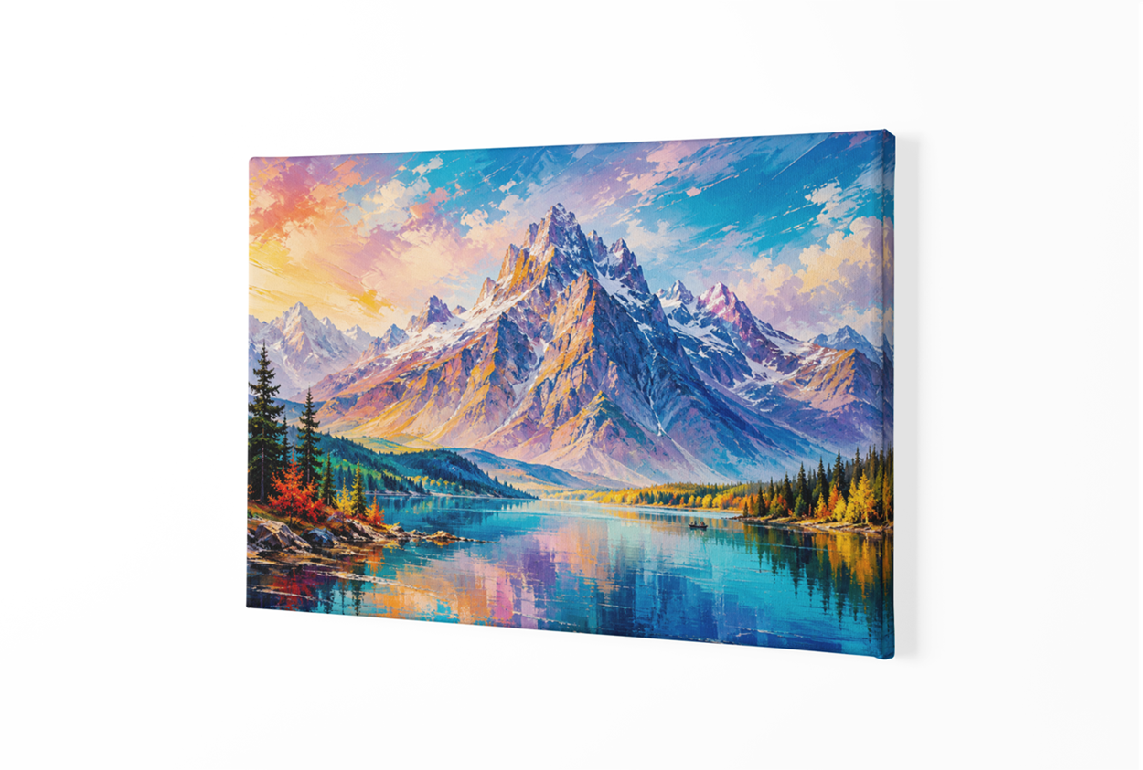 Berg Landschap met Meer Canvas Schilderij - Afbeelding 2