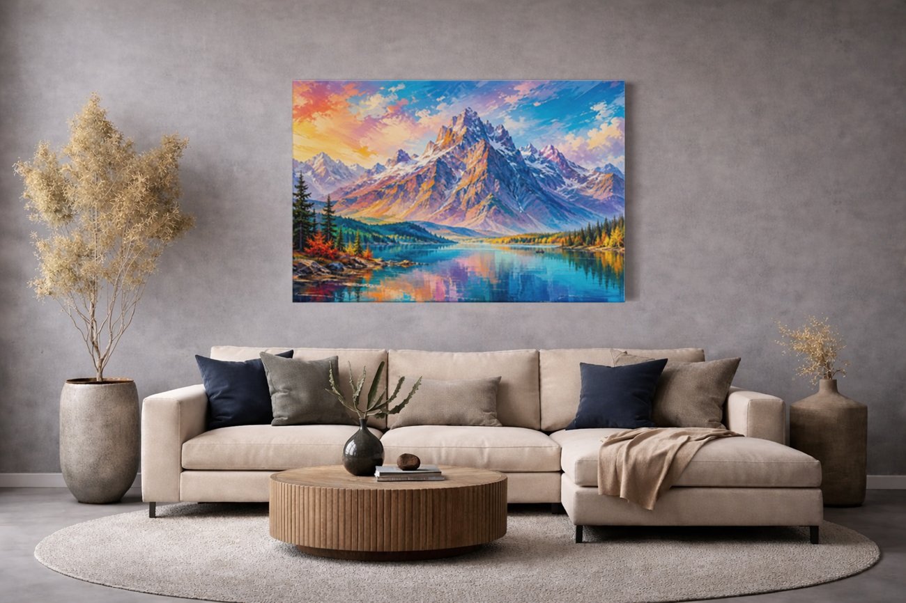 Berg Landschap met Meer Canvas Schilderij - Afbeelding 4